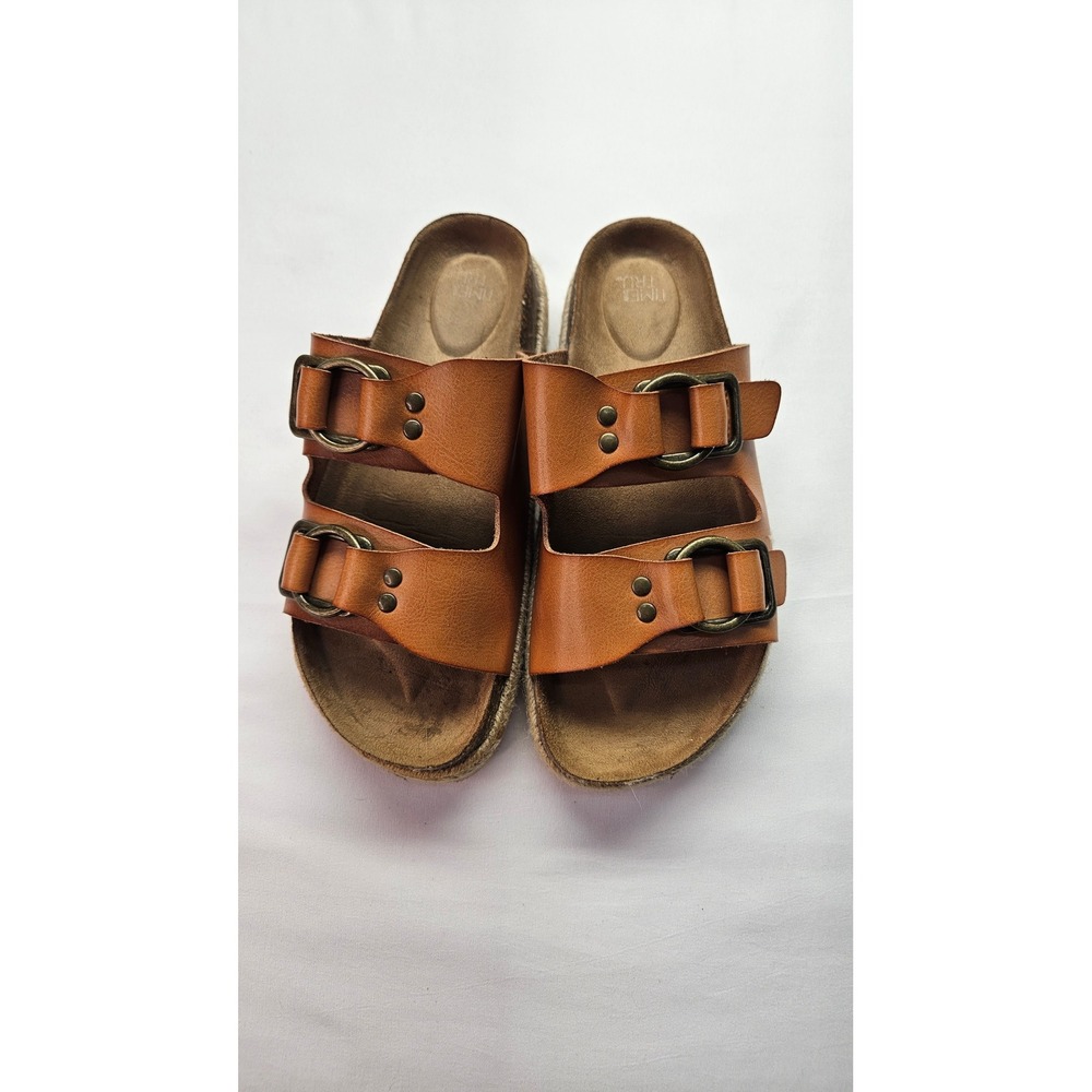 Time n Tru Womens Cognac Brown Double Strap Buckle Slide Sandals Espadrille Trim - Picture 3 of 4